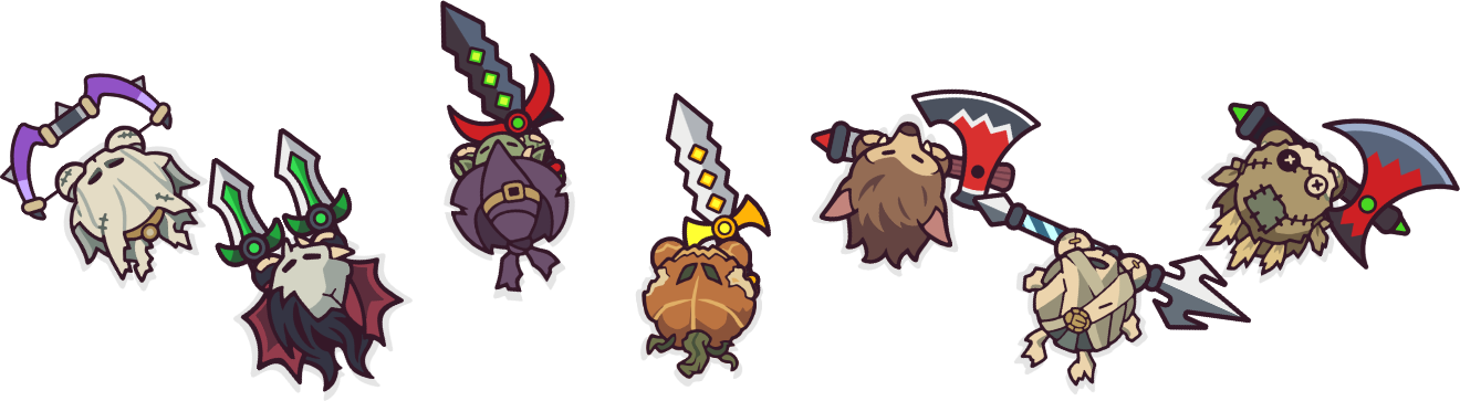 Seven Halloween skins with weapons, left to right: Ghost with a bow, Vampire with daggers, Witch with a dark sword, Pumpkin Head with a sword, Werewolf with an axe, Mummy with a spear and Scarecrow with an axe