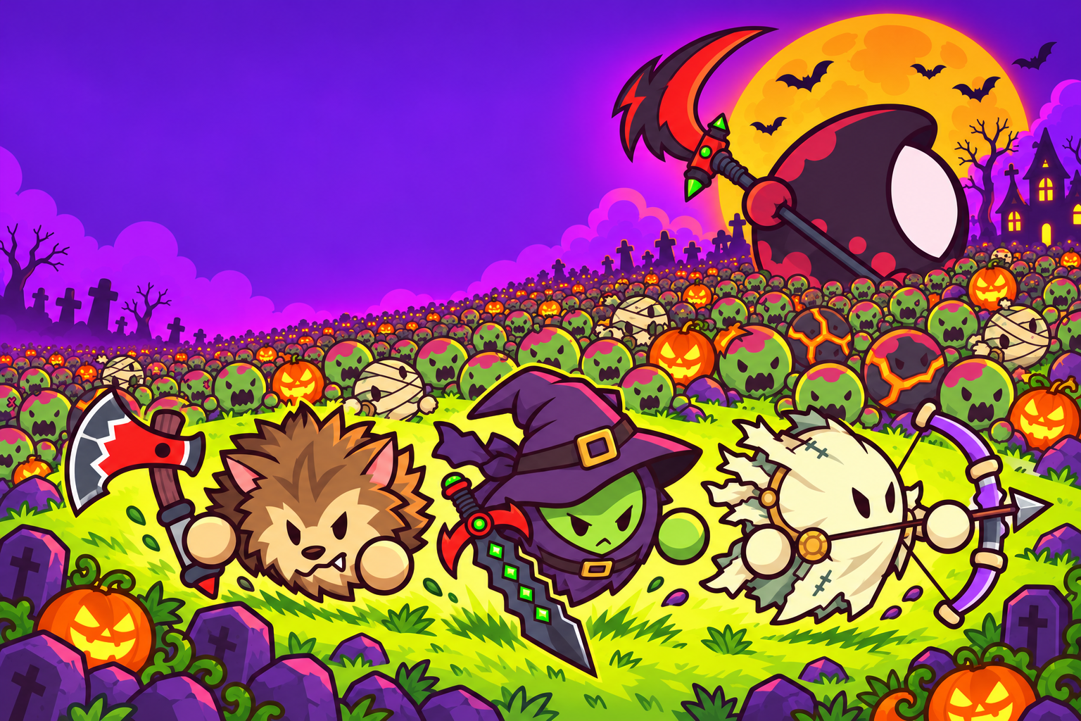 Horde Rush key art without title: the Werewolf with an axe, the Witch with a sword and the Ghost with a bow run downhill from a zombie horde while the Reaper raises its scythe in front of an orange moon