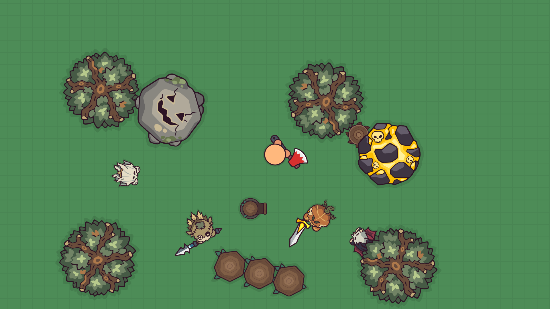 Players in the Survivor, Ghost, Scarecrow, Pumpkin Head and Vampire skins gather among trees, a stone and a gold mine beside a wooden turret and wooden spikes