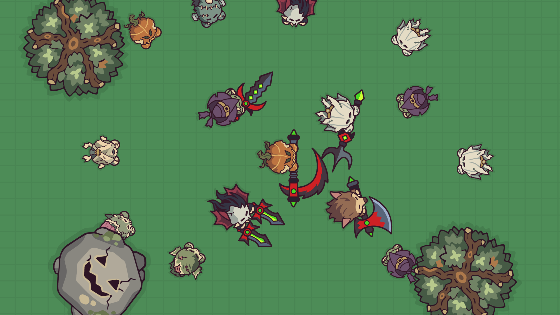 Players in the Witch, Ghost, Pumpkin Head, Vampire and Werewolf skins with dark weapons among zombies