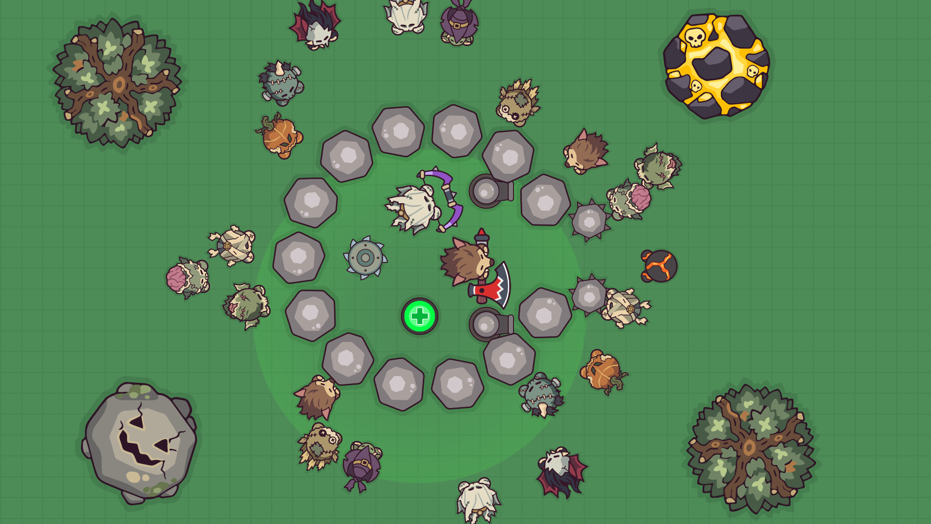 A ring of stone walls with turrets, spikes and a Health Pad, defended by a Ghost archer and a Werewolf with an axe, surrounded by zombies